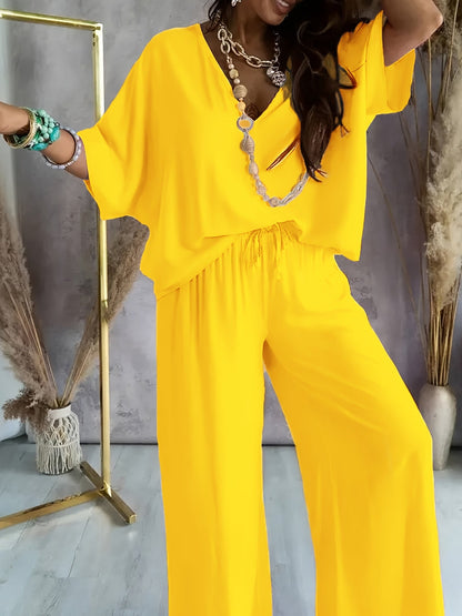 Women's Elegant Solid Color Knit V-Neck Half Sleeve Top and Wide Leg Pants Set – Micro Elasticity, Polyester Fabric, Spring/Summer Casual Outfit