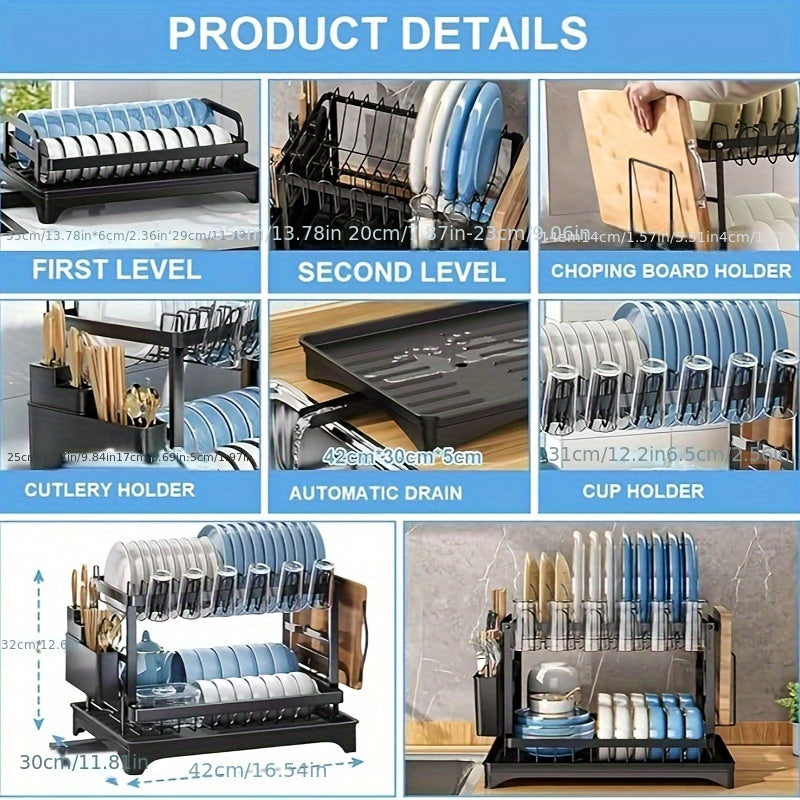2-Tier Large Stainless Steel Dish Drying Rack with Drainboard – Black Dish Drainer for Kitchen Counter – Includes Space for Dishes, Knives, Cups, Cutting Board