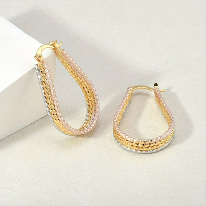 Golden Copper Water Droplet Ripple Hoop Earrings - Elegant Minimalist Oval Earrings for Women
