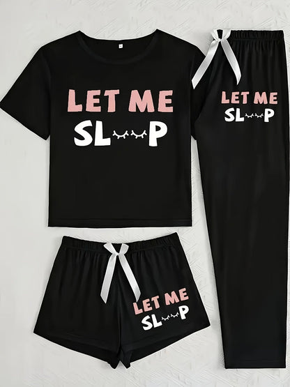 Women's 3-Piece Casual Pajama Set with Letter Print - Includes Short Sleeve Top, Long Pants and Shorts