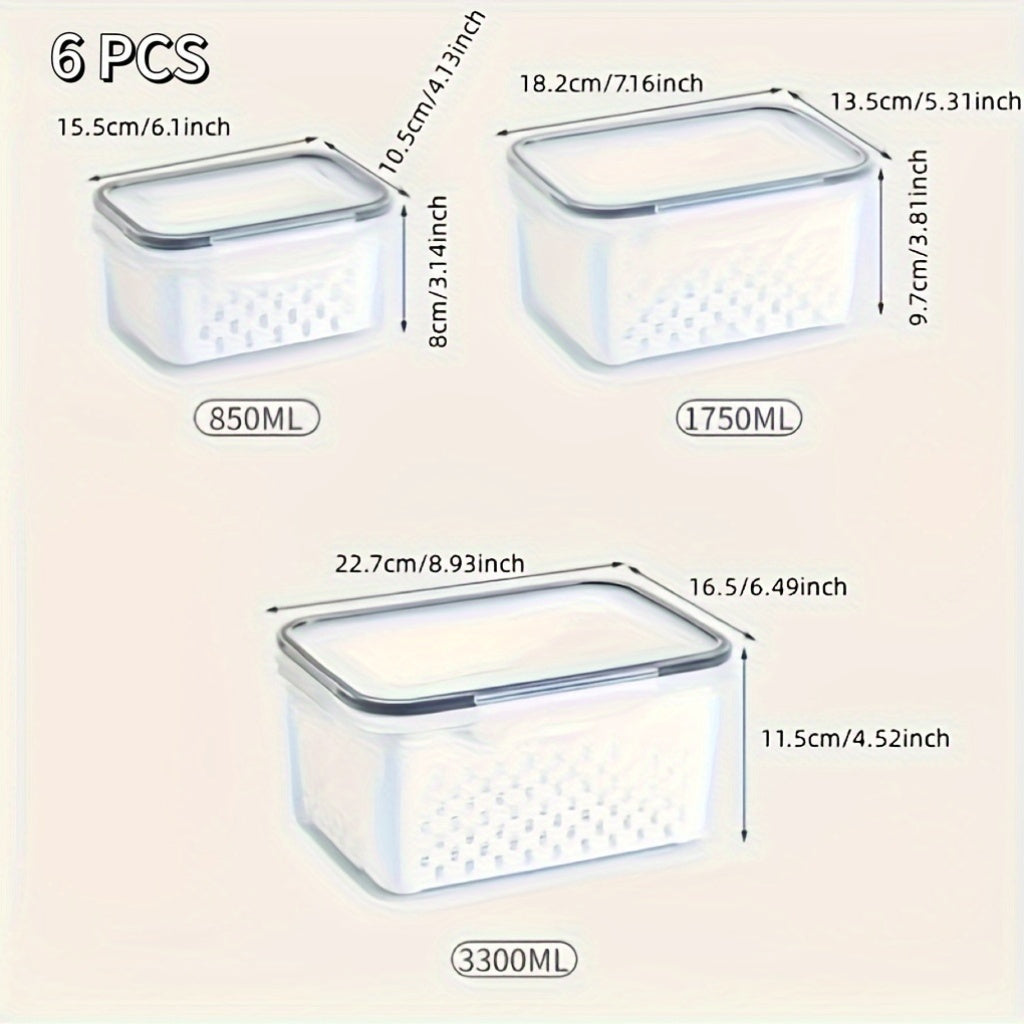 6-Piece BPA-Free Transparent Food Storage Containers with Lids & Drain Tray – Versatile Kitchen Organizers for Fruits, Vegetables, & Dry Goods