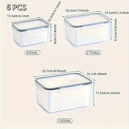 6-Piece BPA-Free Transparent Food Storage Containers with Lids & Drain Tray – Versatile Kitchen Organizers for Fruits, Vegetables, & Dry Goods