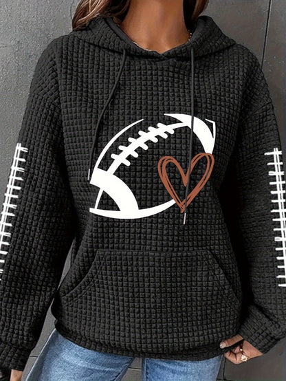 Cozy Plus Size Women's Hoodie – Heart Rugby Print, Waffle Knit, Long Sleeve with Drawstring Hood and Kangaroo Pockets, Casual Wear for Curvy Fashionistas