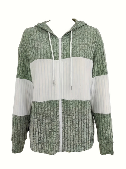 Color Block Zip-Up Drawstring Hoodie – Casual Long Sleeve Rib Knit Sweatshirt for Women