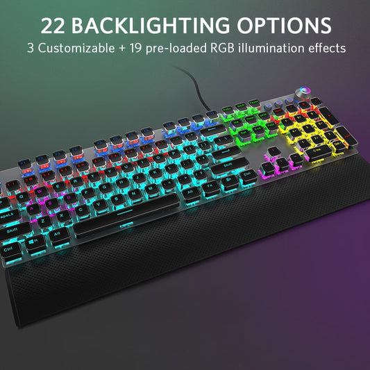 Mechanical Gaming Keyboard with LED Rainbow Backlit - 104 Anti-Ghosting Keys, Quick-Response Black Switches, Multimedia Controls, Removable Hand Rest for PC and Desktop Computers