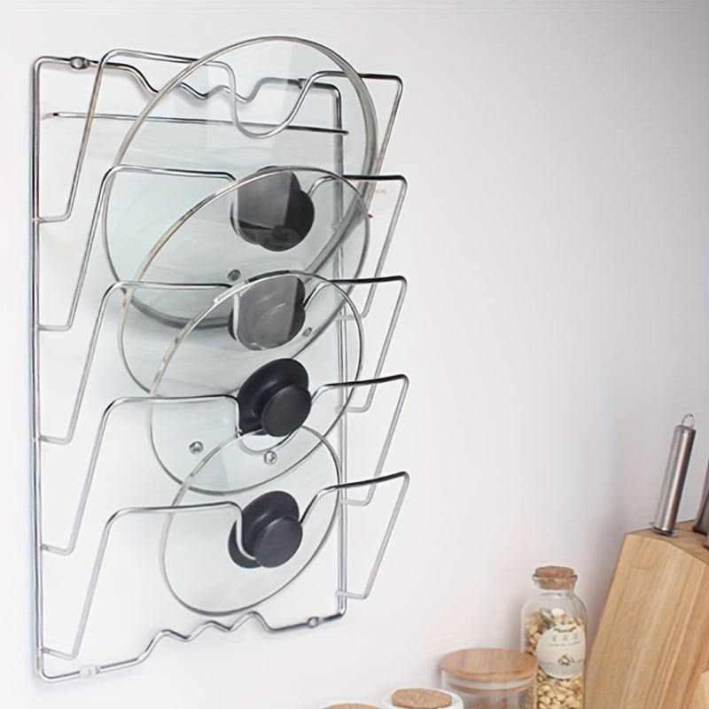 Space-Saving Hanging Pot Lid Holder - Multifunctional Wall-Mounted Rack, Cutting Board Organizer, and Kitchen Essentials for Easy Meal Prep
