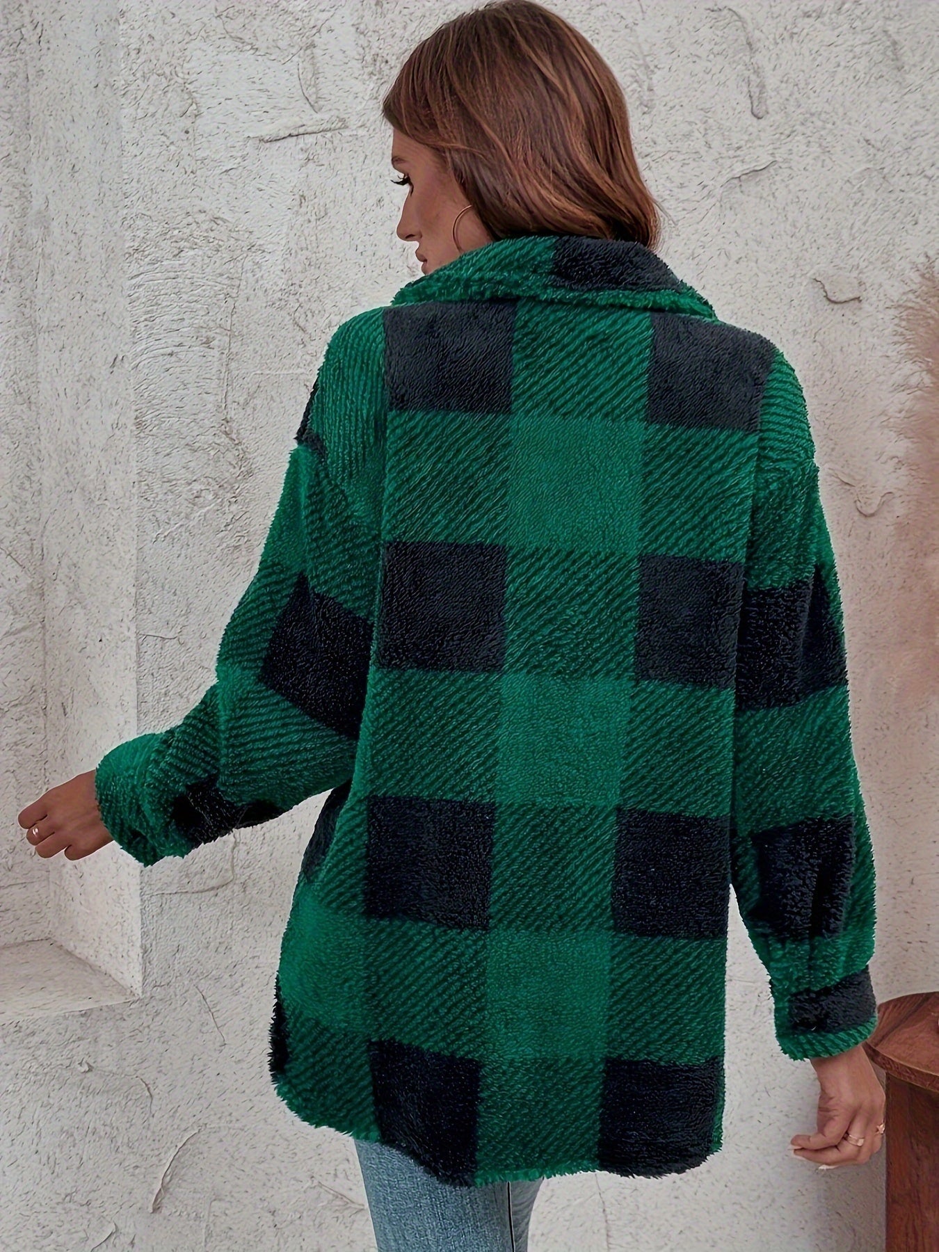 Plaid Pattern Button-Front Fuzzy Coat – Elegant Long Sleeve Warm Outerwear for Fall & Winter, Women's Clothing
