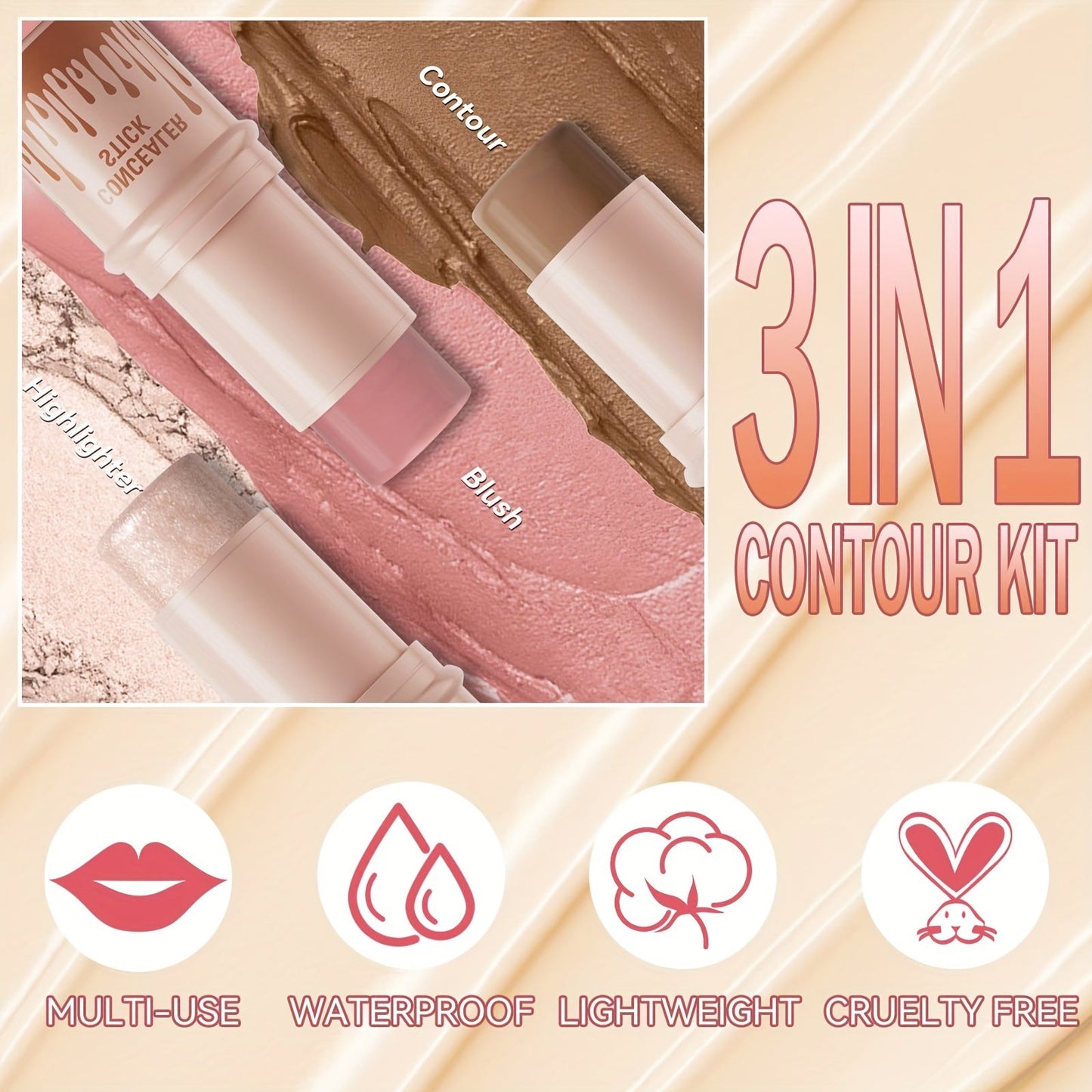 3Pcs Contour, Blush & Highlighter Stick Set - Non-Greasy, Waterproof, Long-Lasting Cream Contour Kit with Brush for a Flawless Look, Fair-Medium, Perfect for Halloween Makeup