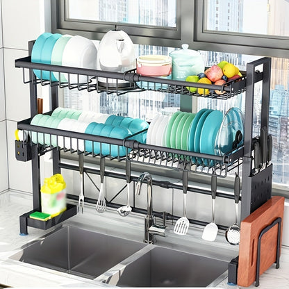 Expandable Stainless Steel Sink and Bowl Rack - 2 Layer Adjustable with Cutlery and Chopstick Rack, Black