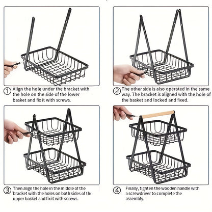 Countertop Fruit and Vegetable Basket – Removable Bowl Storage with Wooden Handle – Kitchen Preservation Holder and Accessories