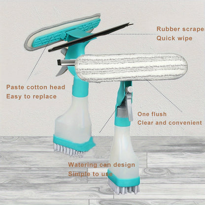4 in 1 Glass Cleaning Wizard – Scraping, Wiping, Scrubbing and Spraying Tool for Streak-Free Bathroom, Mirror, Window, Glass and Tile Cleaning – Home and Office