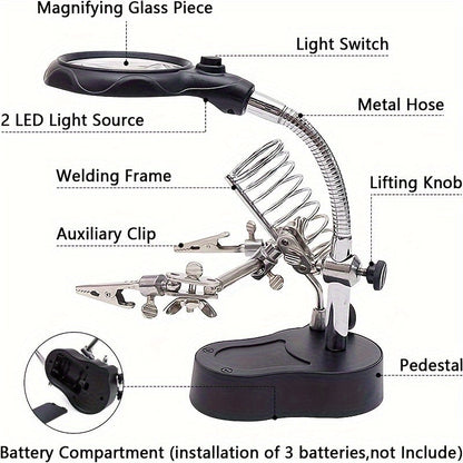 Adjustable LED Magnifying Glass - Illuminated Inspection Tool with Light, Folding Design and Clip for Mobile Phone Repair, Hardware and Electronics