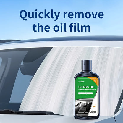 Windshield Cleaner and Oil Film Remover – Self-Dispensing Glass Cleaning Tool with Agent – Streak-Free Glossy Cleaner, Water Stain Remover for Car Windows and Mirrors – 1 Bottle (4.06oz) and 1 Sponge