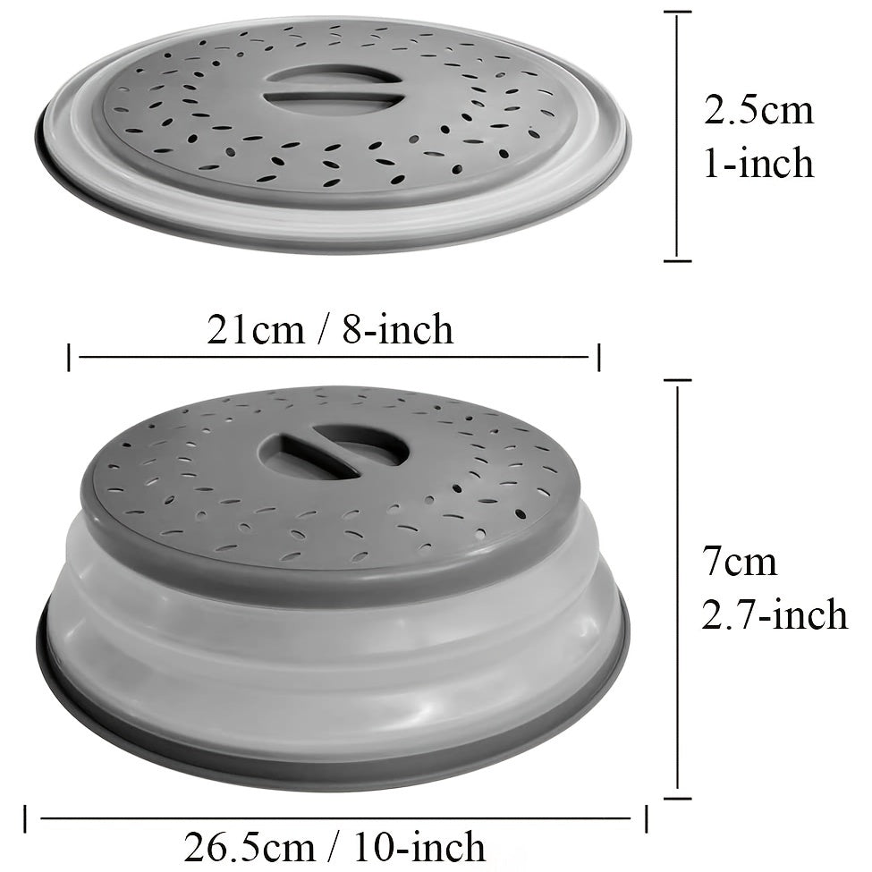 Collapsible Microwave Food Cover – 10.5 Inch Round, BPA-Free TPR with Handle, Steam Vent & Strainer for Plate Protection (Grey)