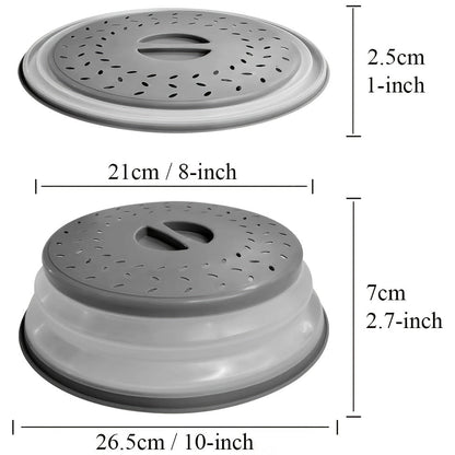 Collapsible Microwave Food Cover – 10.5 Inch Round, BPA-Free TPR with Handle, Steam Vent & Strainer for Plate Protection (Grey)