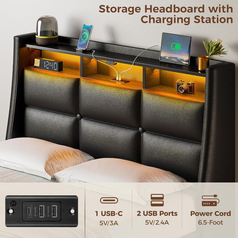Twin Full Queen Bed Frame with LED Lighting and Charging Station - PU Leather/Neutral Linen Storage Headboard, Drawers, Heavy Duty Wood Slats, Easy Assembly - Modern Bedroom Furniture Upgrade