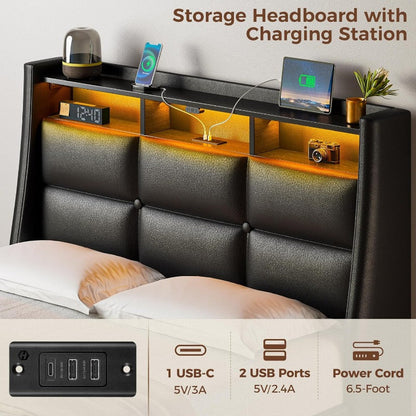 Twin Full Queen Bed Frame with LED Lighting and Charging Station - PU Leather/Neutral Linen Storage Headboard, Drawers, Heavy Duty Wood Slats, Easy Assembly - Modern Bedroom Furniture Upgrade