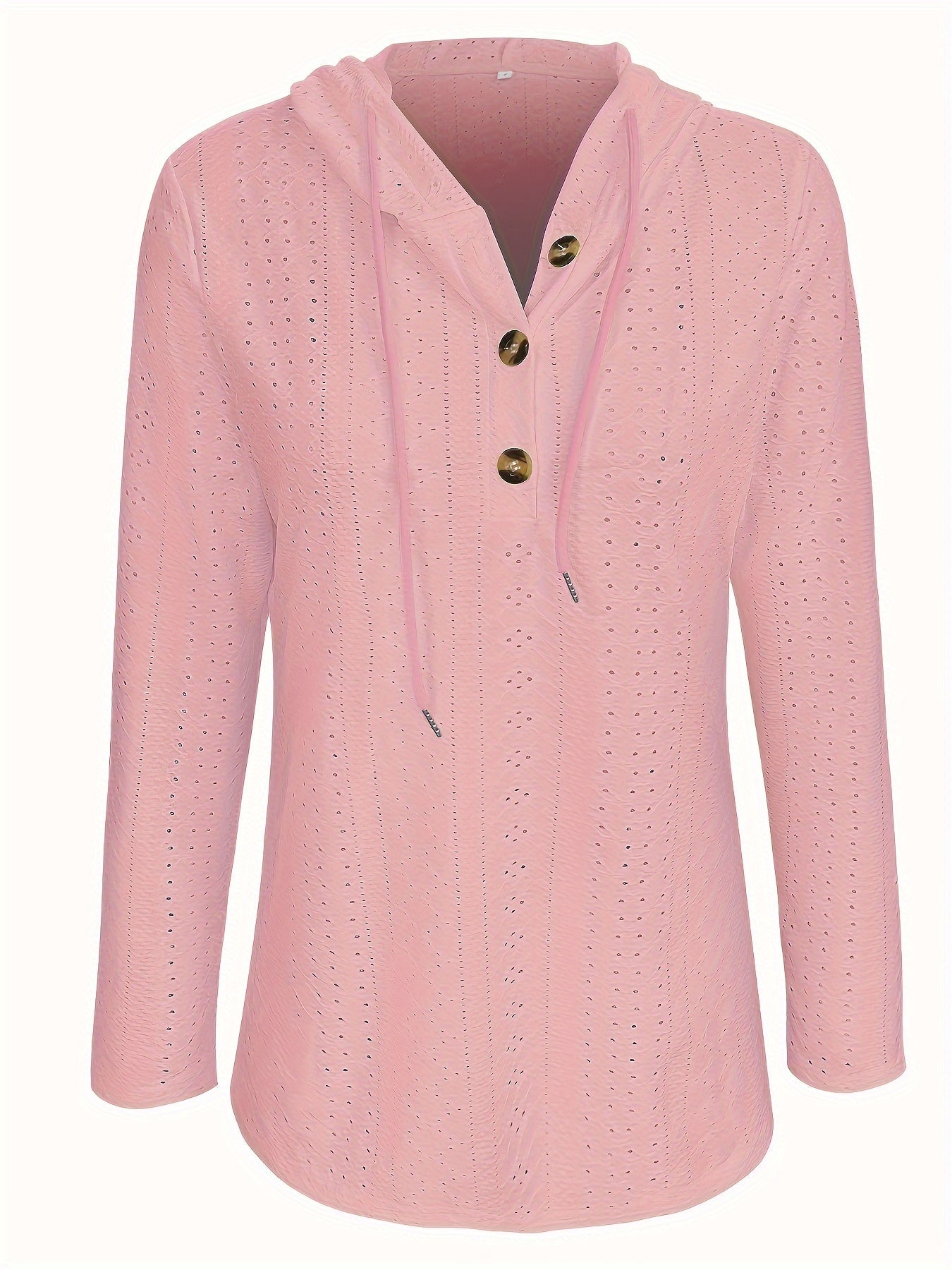 Solid Color Button Eyelet Hoodie – Casual Long Sleeve Drawstring Sweatshirt – Women's Clothing