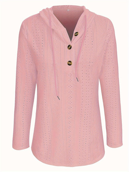 Solid Color Button Eyelet Hoodie – Casual Long Sleeve Drawstring Sweatshirt – Women's Clothing