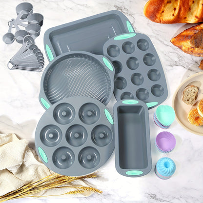 45pcs Silicone Baking Set - Nonstick Bakeware for Cookies, Cakes, Muffins, Bread, Pizza, Mini Cupcakes, Bundt, Charlotte Cake Pan, Includes Measuring Cups & Spoons, Baking Tools