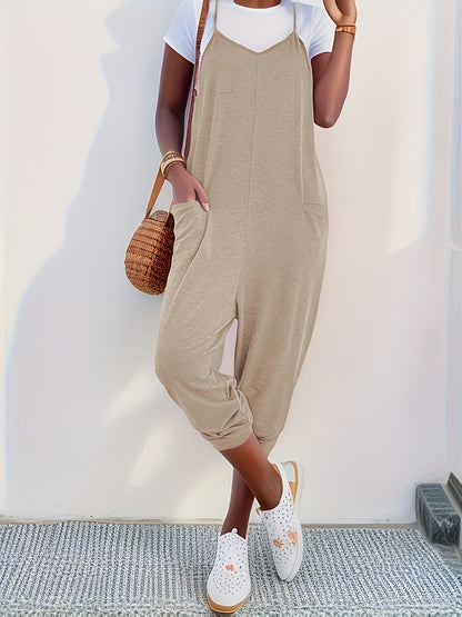 Solid Patched Pockets Overall Jumpsuit – Versatile V-Neck Design for Spring and Summer – Women’s Clothing