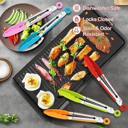 3pcs/7pcs Kitchen Tongs - 7 Inch Small Silicone Tongs with Stainless Steel Handles, Heat Resistant, Non-Stick, Locking Food Tongs for Cooking, Grilling, and Frying