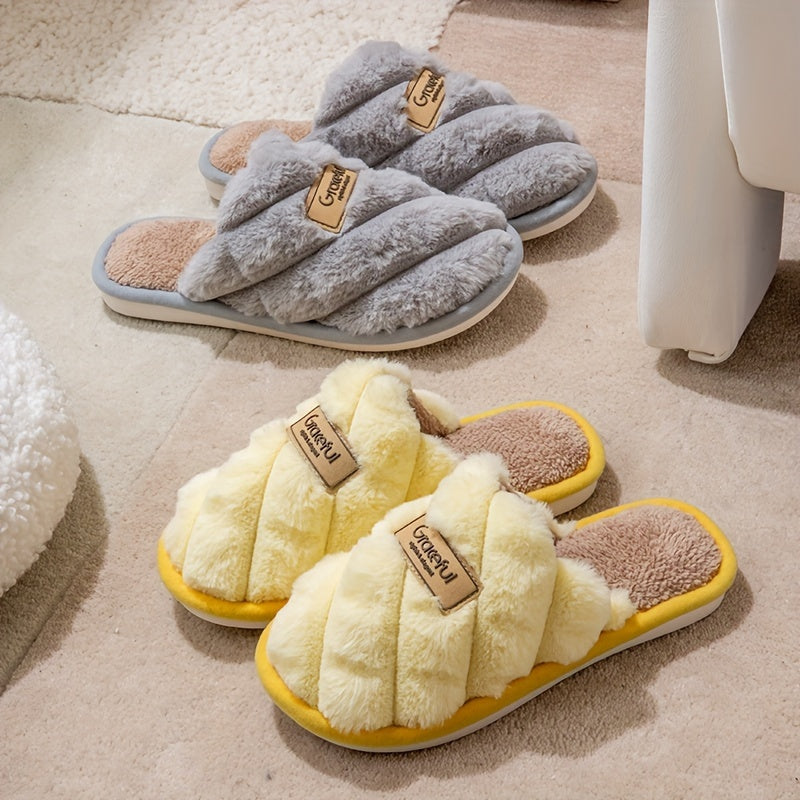 Cozy Plaid Colorblock Slippers for Men & Women - Warm, Non-Slip Indoor Shoes with Soft Faux Rabbit Fur Lining [Fast Arrival]