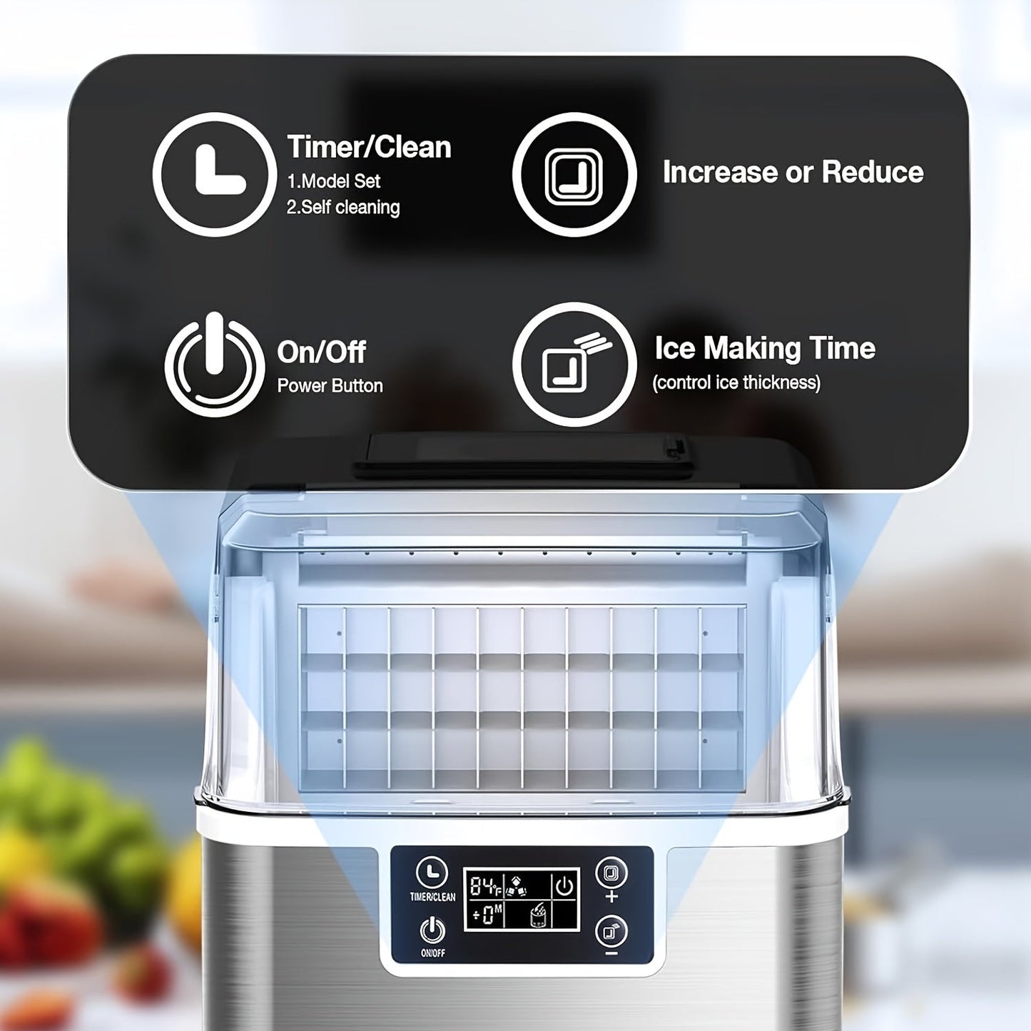 Countertop Ice Maker – 45lbs Capacity, 2-Way Water Supply, Self-Cleaning, Ice Size Control, 24H Timer – Stainless Steel Ice Machine for Home Bar, RV, and Parties (Black)