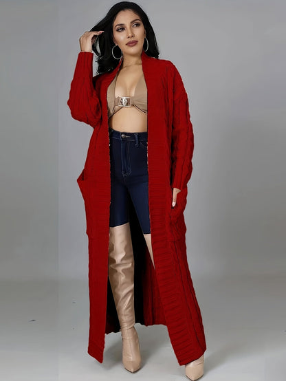 Long Length Cable Knit Cardigan – Elegant Solid Long Sleeve Sweater with Pockets – Women's Clothing