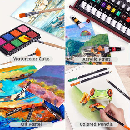 175 Piece Deluxe Art Set with 2 Drawing Pads - Professional Art Kit in Wooden Case, Includes Crayons, Acrylic Paints, Colored Pencils for Artists & Teens, Ideal for Halloween and Christmas Gifts