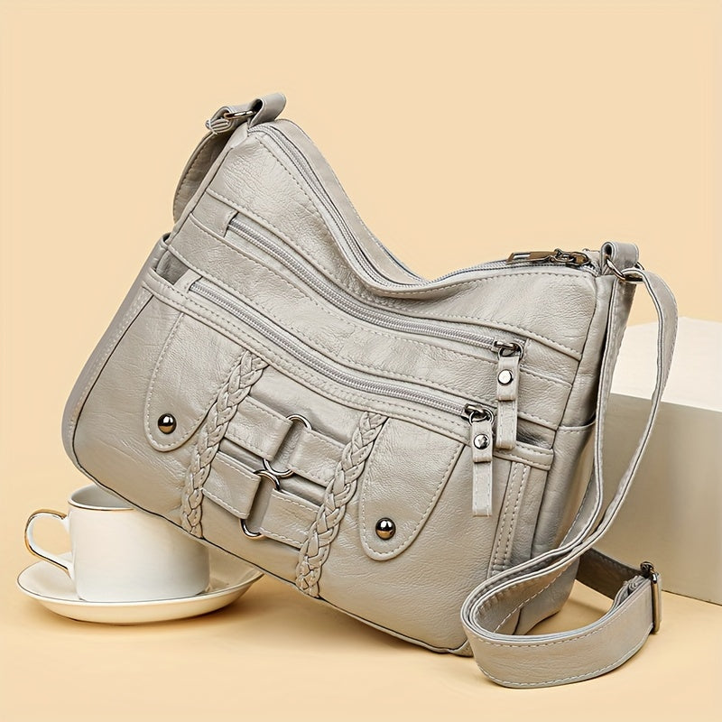 Retro Rivet Crossbody Bag for Women - PU Leather Multi-Zipper Messenger Bag