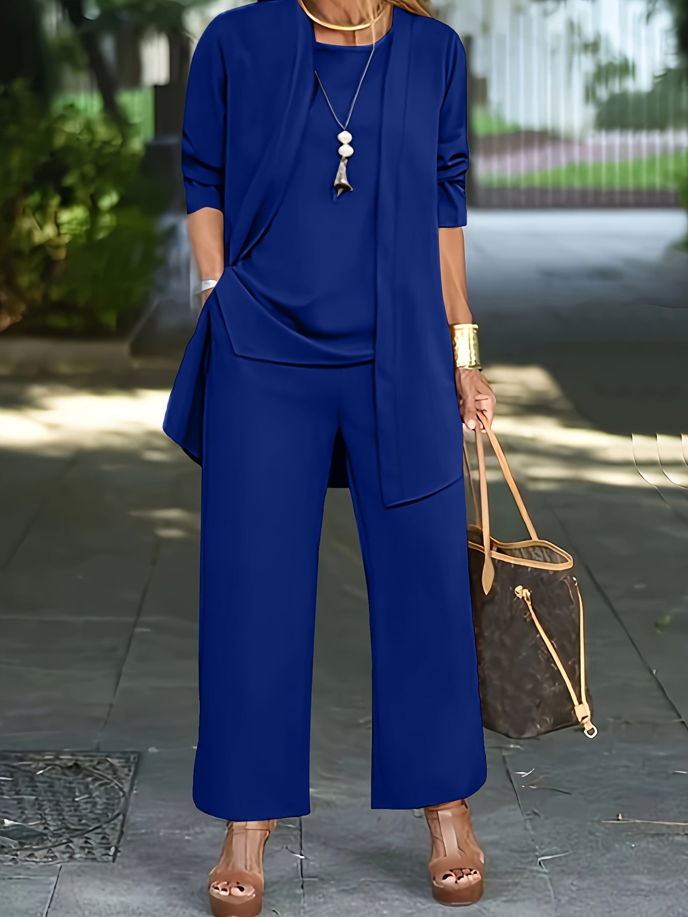 Casual Three-Piece Solid Set – Long Sleeve Cardigan, Top, and Long Pants Outfit for Women