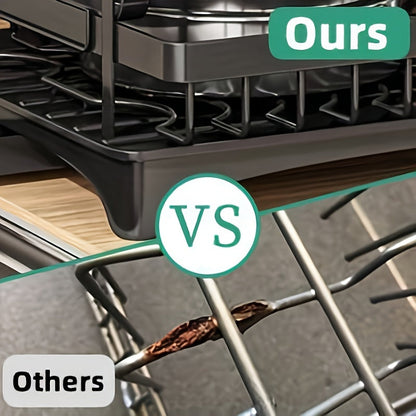 2-Tier Large Stainless Steel Dish Drying Rack with Drainboard – Black Dish Drainer for Kitchen Counter – Includes Space for Dishes, Knives, Cups, Cutting Board
