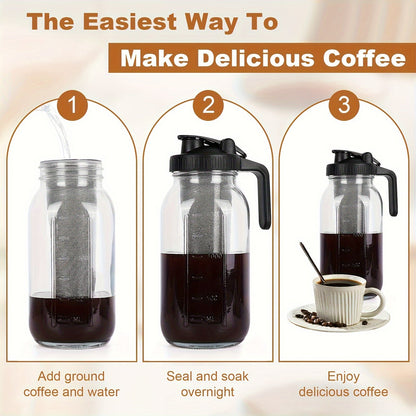 64oz Large Capacity Cold Brew Coffee Maker – Ultra-Dense Filter, 3-Step Brewing, BPA-Free Mason Jar, Includes Cleaning Brush – Effortless Iced Coffee