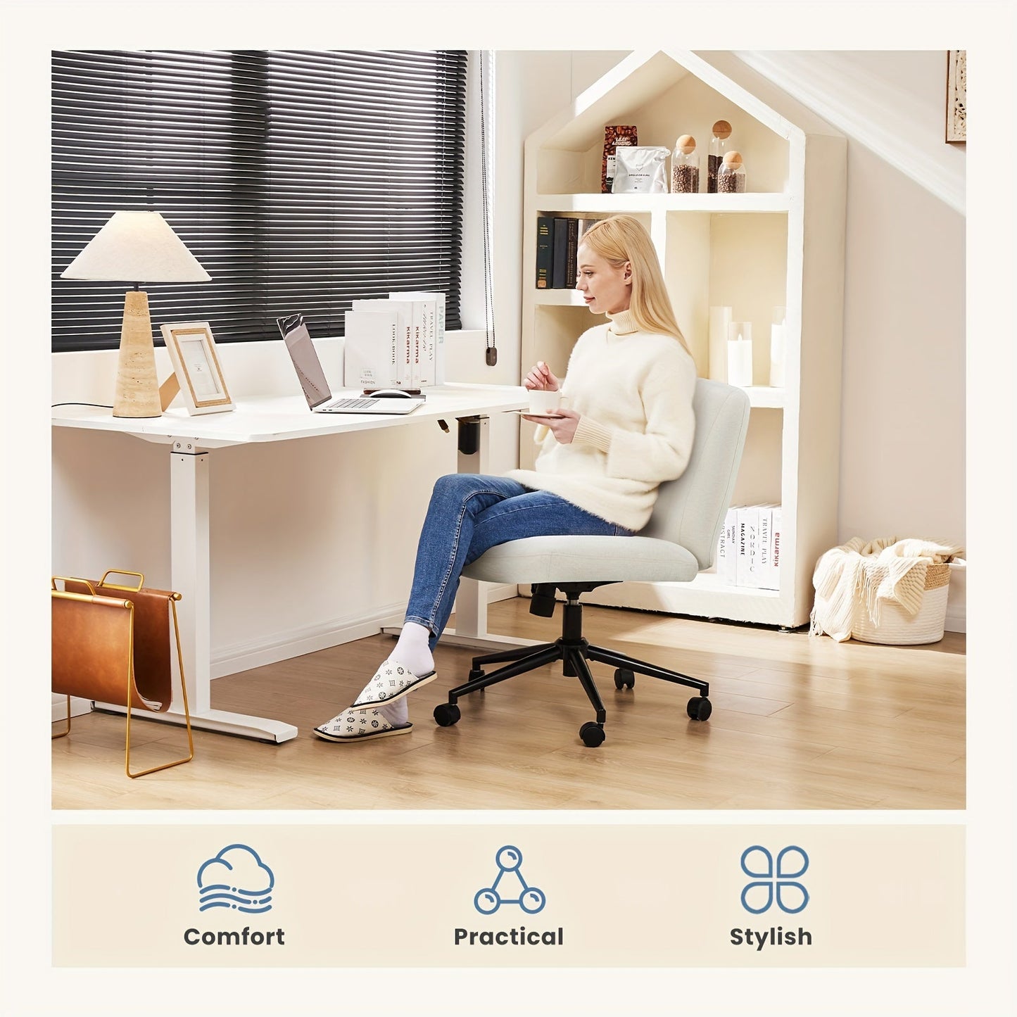 Criss Cross Office Chair with Wheels - Wide Armless Desk Chair, Adjustable Swivel, Comfy for Home and Vanity