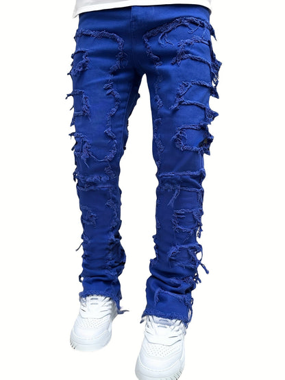 Creative Tassels Decoration Straight Fit Jeans - Men's Casual Medium Stretch Street Style Denim Pants for All Seasons
