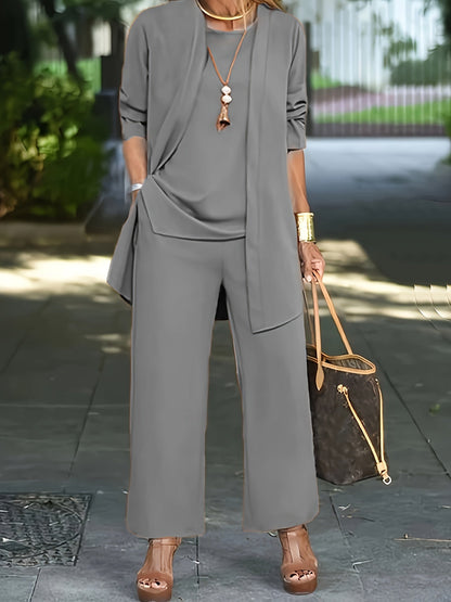 Casual Three-Piece Solid Set – Long Sleeve Cardigan, Top, and Long Pants Outfit for Women