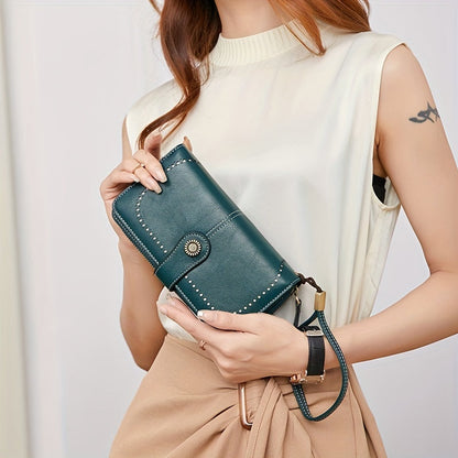 RFID Large Capacity Women's Wallet - Retro Style, Multi-Card, Solid Color with Zipper and Wrist Strap