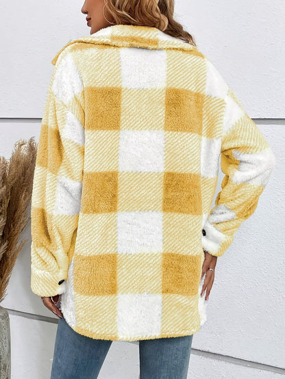 Plaid Pattern Button-Front Fuzzy Coat – Elegant Long Sleeve Warm Outerwear for Fall & Winter, Women's Clothing