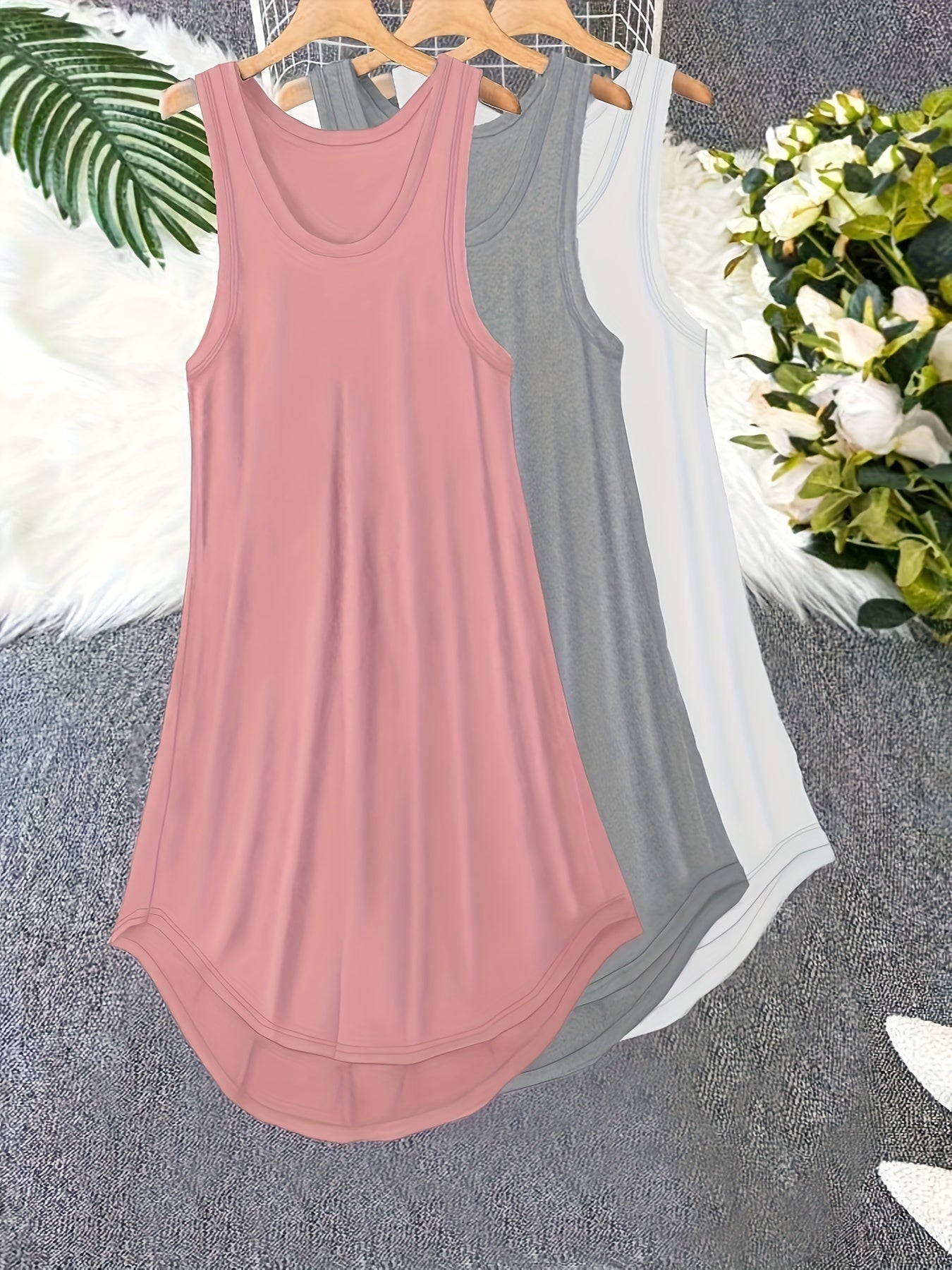 3 Pack Plus Size Basic Lounge Dress Set – Women's Solid Round Neck Tank Sleep Dress, 3 Piece Set