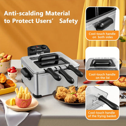 21-Cup Extra-Large Electric Deep Fryer - Stainless Steel Body, 1700W Power, Triple Basket for Easy Frying, Cooking, and Serving