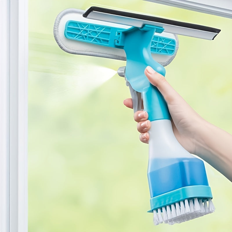 4 in 1 Glass Cleaning Wizard – Scraping, Wiping, Scrubbing and Spraying Tool for Streak-Free Bathroom, Mirror, Window, Glass and Tile Cleaning – Home and Office