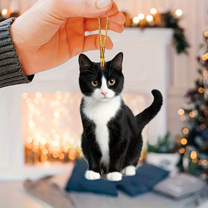 Acrylic Tuxedo Cat Hanging Ornament - Black and White Kitty Pendant with Plush Texture for Car and Bag Decor