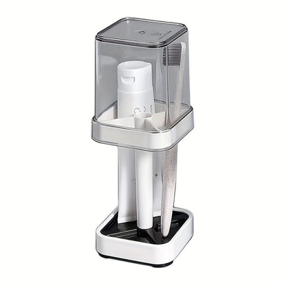 Toothbrush Holder Stand with Cover & Transparent Mouthwash Cup – Ideal for Bathrooms, Stores Toothpaste and Toothbrushes, Suitable for Home, Dormitory, School