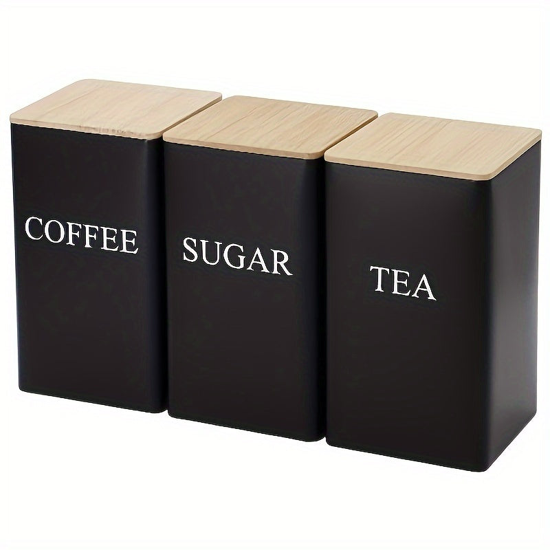 Set of 3 Square Metal Canisters with Wooden Lids – Tea, Sugar, and Coffee Storage