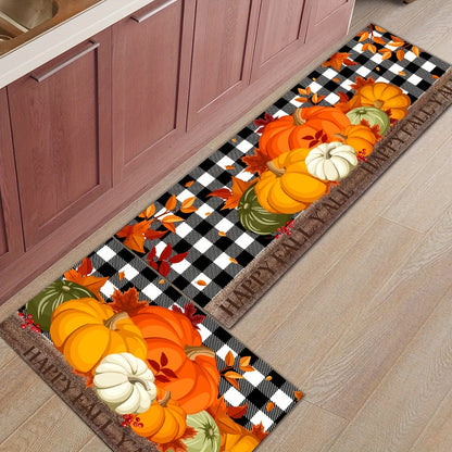 Autumn Pumpkin Print Floor Mat – Thanksgiving Harvest Carpet with Maple Leaf Grid, Anti-Fatigue, Anti-Skid and Washable for Kitchen, Dining Room, Office and Laundry Room