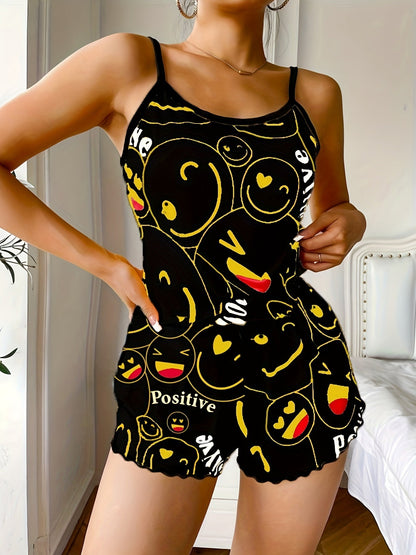 Smiling Face Print Pajama Set - Women's Cute Round Neck Backless Cami Top and Elastic Shorts Sleepwear