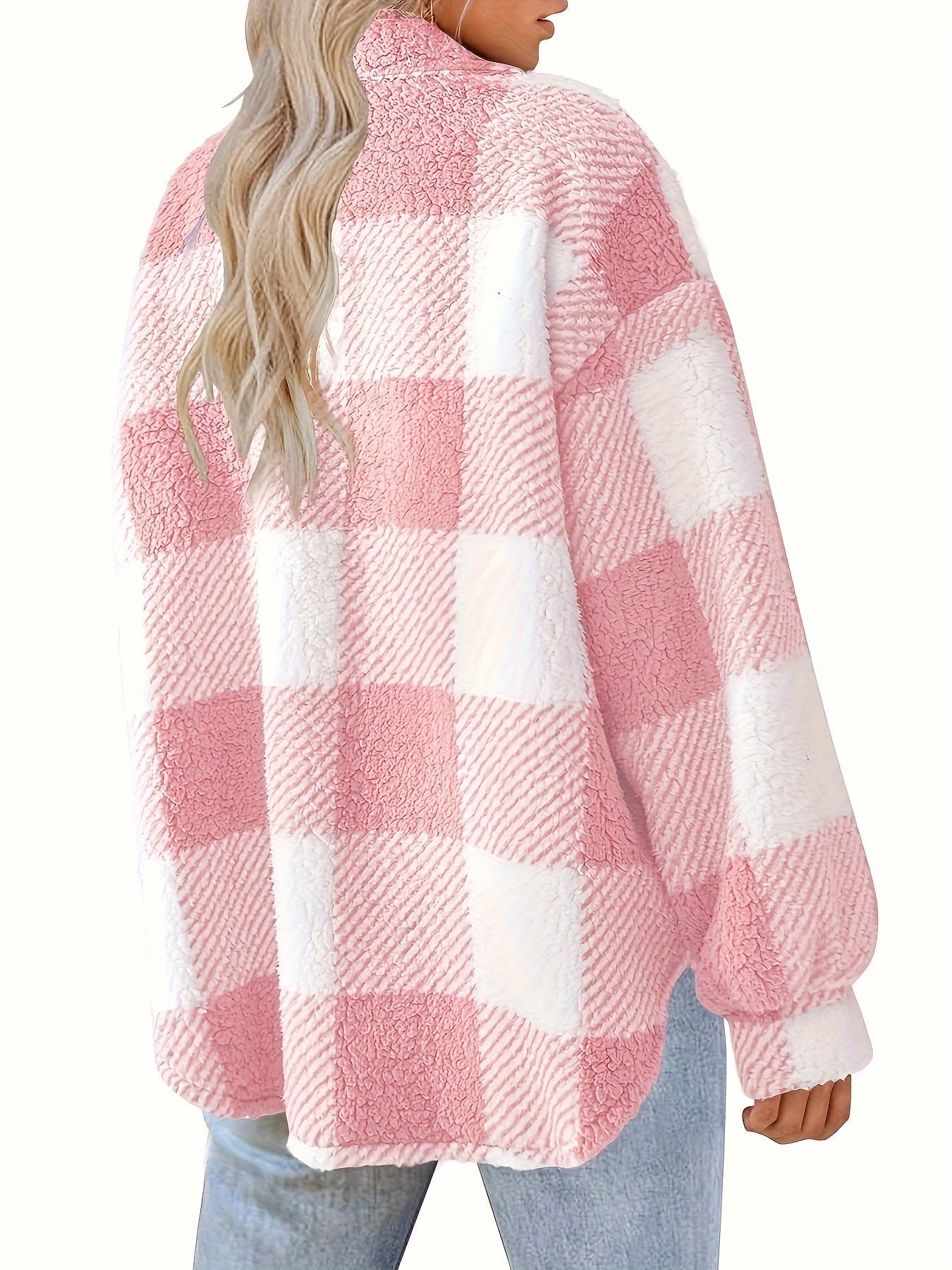 Women's Plaid Button-Front Teddy Coat – Long Sleeve Thermal Winter Outwear