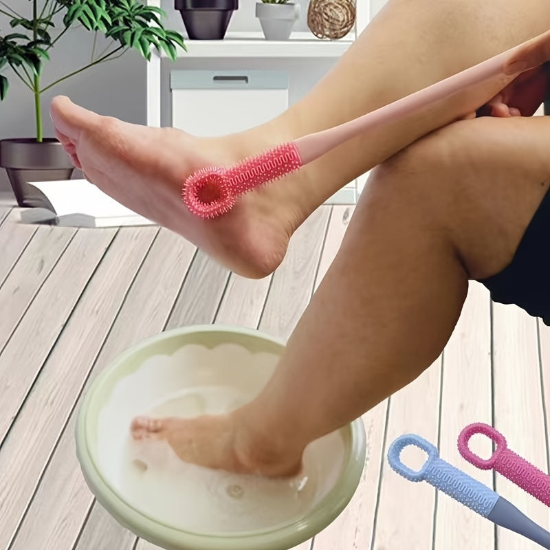 2 in 1 Toe Cleaning and Massage Brush - Soft Rubber Pumice Stone for Dead Skin Removal - Long Handle Odorless Foot Scrubber, No Batteries Needed