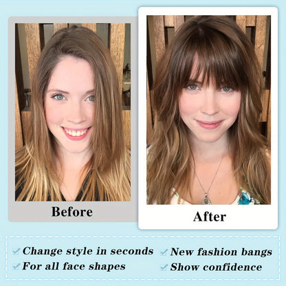 Clip-In Human Hair Bangs - Wispy Fake Fringe with Temples, Curved Hairpieces for Women, Daily Wear Clip-On Bangs